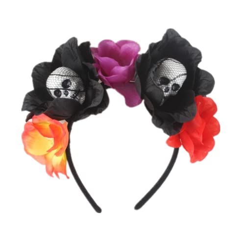 YKKJ Halloween Stirnband, Gothic Damen Rose Blumen Haarband Halloween Schädel kopfstück Fancy Dress Haarschmuck Party Kopfband, Schwarz, M von YKKJ