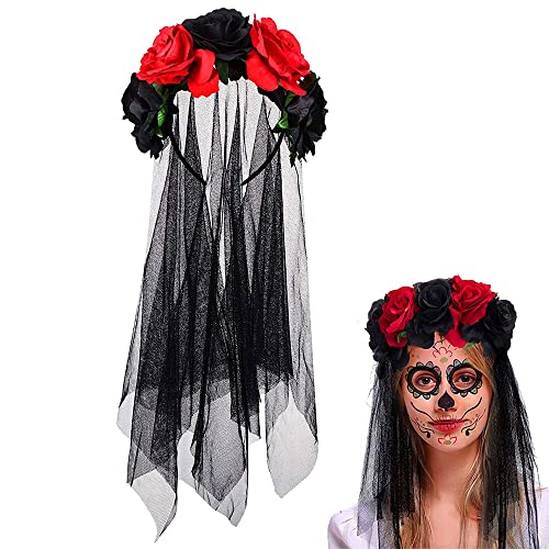 YKKJ Halloween Stirnband, Gothic Damen Rose Blumen Haarband Und Spitze SchleierHalloween Schädel kopfstück Fancy Dress Haarschmuck Party Kopfband, Schwarz, M von YKKJ