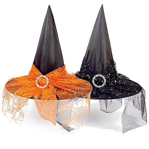 YKKJ Hexenhut,Halloween Frauen Hexenhut 2 Stück Zaubererhüte Wicked Witch Hat für Frauen Halloween Party Masquerade Cosplay Zubehör Kinder Erwachsene（Schwarz/Orange）, M von YKKJ
