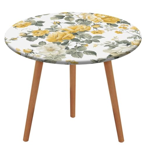 Dekorative runde Tischdecken, gelbe und weiße Blumen, Tischdecke mit elastischem Rand, wasserdichte Wärmeisolierung für Küche, Esszimmer von YKLBV