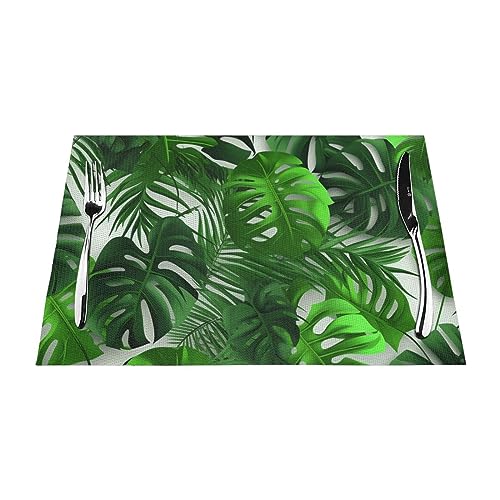 Monstera Platzsets mit Bananenpalmenblättern, bedruckt, PVC, gewebt, hitzebeständig, für Küche, Esstisch, für drinnen und draußen, 45 x 30 cm, 4 Stück von YKLJG