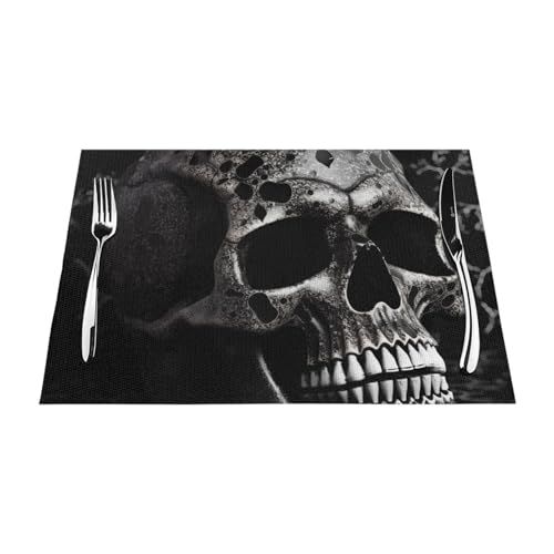 Tischsets mit Totenkopf-Motiv, PVC, gewebt, hitzebeständig, für Küche, Esstisch, für drinnen und draußen, 45 x 30 cm, Schwarz, 4 Stück von YKLJG