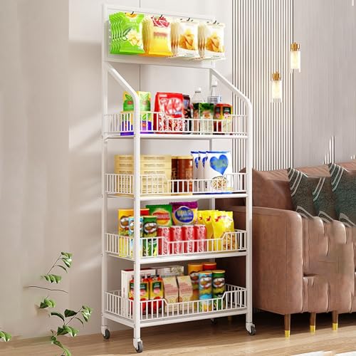 YKMYXZ, 4-lagiger Snack-Regal-Organizer, rollendes Obst- und Gemüse-Präsentationsregal for den Supermarkt mit Rädern und Haken,(White,55.1x15.7in/140x50cm) von YKMYXZ