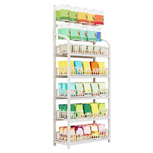 YKMYXZ, 5-stöckiges Snack-Präsentationsregal for den Einzelhandel, Snack-Ständer aus Metall mit Rädern und 10 Haken, Regale zur Präsentation von Snacks und Früchten, Snack-Organizer-Wagen(White,50x27x von YKMYXZ