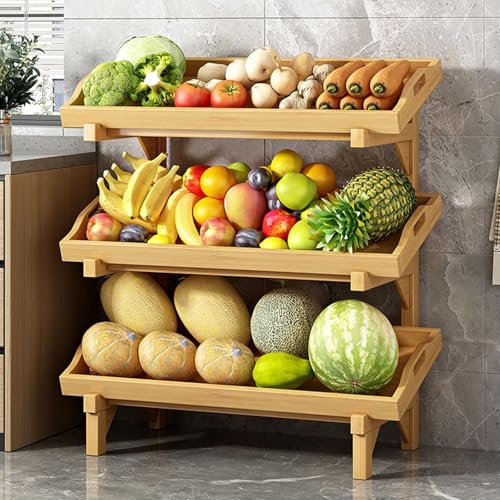 YKMYXZ, Freistehender Aufbewahrungskorb aus Holz for Obst und Gemüse mit Geländer, abnehmbar, for Zuhause/Küche/Speisekammer(Ligjt Grey,(3 Tier) 66cm/26in W) von YKMYXZ