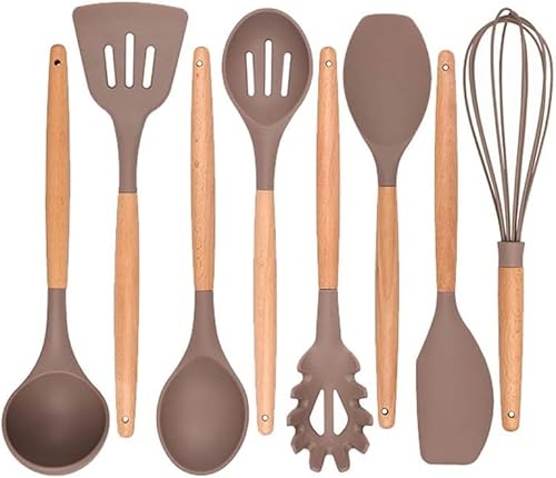 YKMYXZ， Kochutensilien-Set aus Silikon, Küchenutensilien-Set – 8 Küchenutensilien-Set aus Silikon aus natürlichem Holz – Silikon-Utensilien-Set, Spatel-Set – Kochutensilien aus Silikon von YKMYXZ