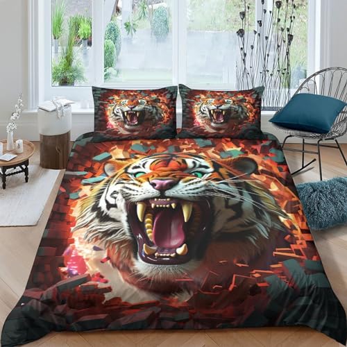 YKSDLFDUI Tiger Bettbezug Set Bettwäsche Set Kinderbettwäsche Reißverschluss Mit Kissenbezügen Betten Set Für Jugendliche Kinder Schlafzimmer Double（200x200cm） von YKSDLFDUI