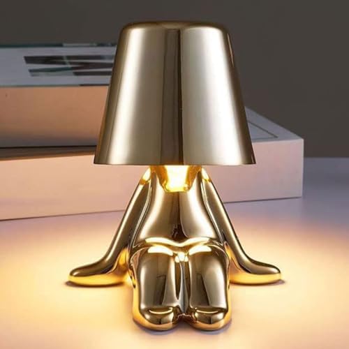 YKSJDFH Batteriebetriebene LED-Tischlampe, wiederaufladbare, schnurlose Tischlampe, tragbare Metall-Schreibtischlampe, Touch-Nachttischlampen mit 3-Wege-Dimmung, kleine goldene Mann-Schreibtischlampe von YKSJDFH