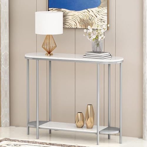 YKWLKJ 2 Tier Flurtisch Konsolentisch mit Metallrahmen, Sofatisch mit Storage, Rock Slab Tischplatte(Silver 1,80cm) von YKWLKJ