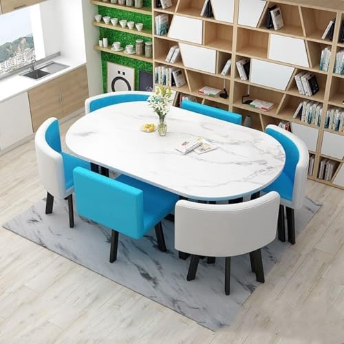 YKWLKJ Ovales Empfangs Esstisch mit 6 Stühlen Set, Küchentisch und 6 Stühle für kleine Räume, MDF-Schreibtischplatte(Lake Blue) von YKWLKJ