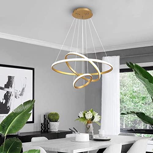 LED Pendelleuchte 72W, Gold Esstisch Kronleuchter 3 Ringe Dimmbar 3000K-6000K, Schlafzimmer Pendelleuchte Moderne Pendelleuchte Höhenverstellbar Esszimmerleuchte Wohnzimmerlampe [Energieklasse A+] von YLFXL