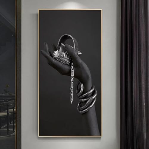 YLHKME Afrikanischen Frau Schwarze Hände Halten Silber Schmuck Bilder Leinwand Malerei, Abstrakte Wandbilder Wohnzimmer Schlafzimmer Deko Poster Kunstdrucke,Ohne Rahmen (Rahmenlos,40X80CM) von YLHKME