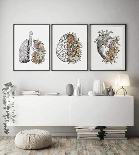 YLHKME Moderne Anatomisches Organ Herz Lunge Gehirn Blumen Bilder Leinwand Malerei, Menschliche Anatomie Wandbilder Wohnzimmer Schlafzimmer Deko Poster Kunstdrucke,Ohne Rahmen (B-Rahmenlos,3X40X60CM) von YLHKME