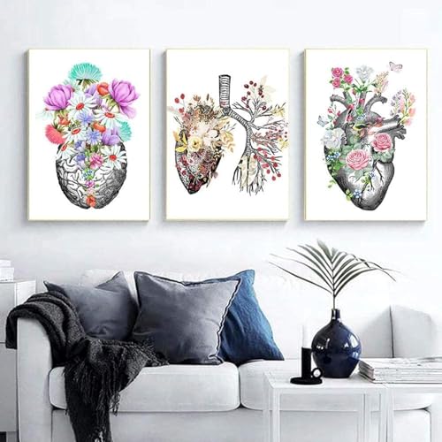 YLHKME Moderne Anatomisches Organ Herz Lunge Gehirn Blumen Bilder Leinwand Malerei, Menschliche Anatomie Wandbilder Wohnzimmer Schlafzimmer Deko Poster Kunstdrucke,Ohne Rahmen (C-Rahmenlos,3X60X80CM) von YLHKME