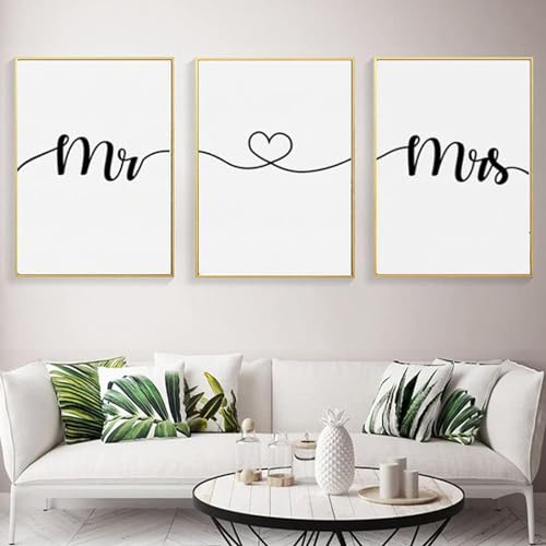 YLHKME Schwarz Und Weiß Liebe Phrase Mr & Mrs Bilder Leinwand Malerei, Abstrakte Wandbilder Wohnzimmer Schlafzimmer Deko Poster Kunstdrucke,Ohne Rahmen (Rahmenlos,3X40X50CM) von YLHKME