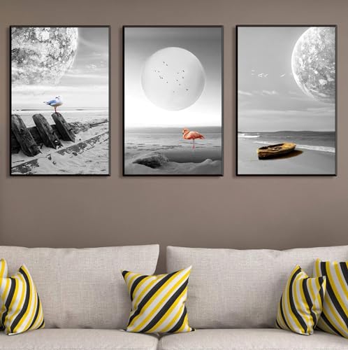 YLHKME Schwarz und weiß Mond und Meer Bilder Leinwand Malerei, Abstrakte Wandbilder Wohnzimmer Schlafzimmer Deko Poster Kunstdrucke,Ohne Rahmen (Rahmenlos,3X40X50CM) von YLHKME
