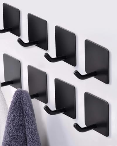 YLITREUS Klebehaken Schwarz Matt - 8 Stück Handtuchhaken Selbstklebende Badezimmer Haken max. 6kg ohne Bohren Wasserdicht hochwertigem Edelstahl Wandhaken für Küche, Bad, Büro, Toilette von YLITREUS