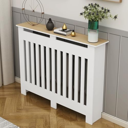 Heizkörperverkleidung Heizkörper Abdeckung Oben PVC mit Vertikalen Holzlamellen Vierseitig Abgeschirmt für Das Wohnzimmer(80x80x25cm/31x31x10in) von YLLSMGS