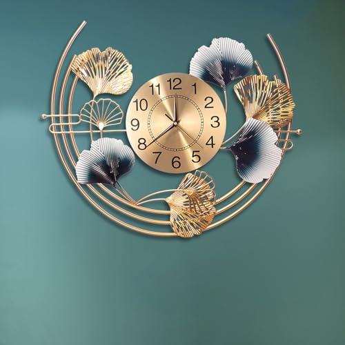 YLME Moderne Wanduhr Ohne Tickgeräusche aus Metall in Ginkgo-Blattform - Wohnzimmer Uhr Wand, Wanduhr Groß,67×52cm von YLME