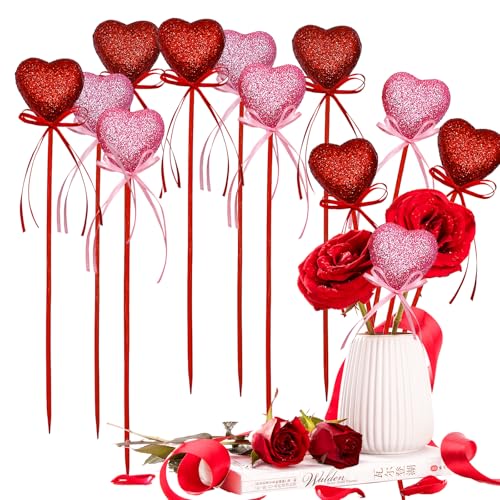 12 Stück Valentinstagsgeschenke, rot-rosa Glitzer-Herz-Blumenarrangements, glitzernde Stäbchen für Valentinstag, Muttertag, Hochzeit, Heim, Urlaub, Party-Dekorationen von YLOIJO