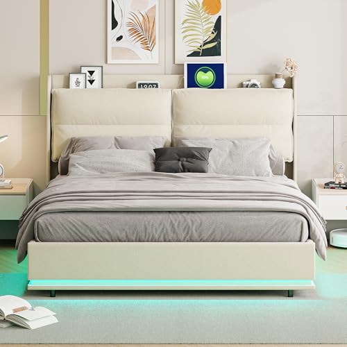 140 x 200 cm, gepolstertes Bett mit LED-Lichtern, Doppelbettrahmen mit Kopfteil, Lagerbett und Ladestation (140 x 200 cm, Beige 3) von YLSZHY