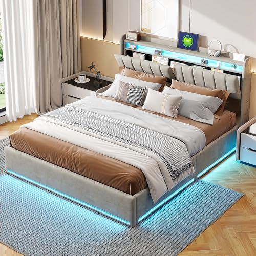 160 x 200 cm, gepolstertes Bett mit LED-Lichtern, Doppelbettgestell mit Kopfteil mit Bettkasten, Lagerbett und Ladestation (160 x 200 cm - Grau) von YLSZHY