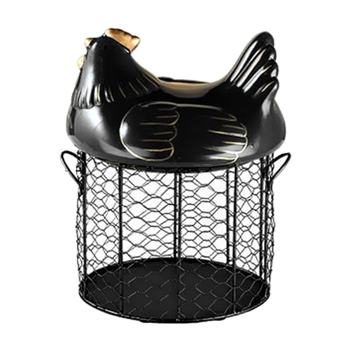 Eier-Organizer-Korb aus Eisen, Eier-Aufbewahrungsbehälter mit Keramik-Hühnerdeckel, Eierhalter mit Griff für Zuhause, Küche, Arbeitsplatte(Schwarz) von YLSZHY