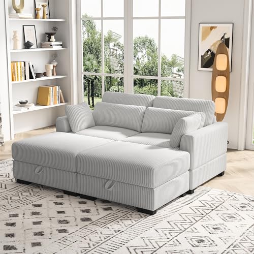 Loveseat Modulares Sofa mit 2 Stauraum-Ottomanen, moderne Cord-Sektionalcouch mit Armlehne und Kissen, übergroßes 2-Sitzer-bequemes Sofa für Wohnzimmer, Apartment (Grau, 2-Sitzer mit 2 Ottomanen) von YLSZHY