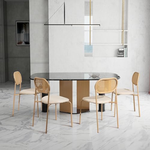 Rattan Esszimmerstühle 4er Set, Moderne Boho gepolsterte Küchenstühle mit Rattan-Rückenlehne und verstellbaren Holzbeinen, armloser Seitenstuhl für Küche, Esszimmer, Wohnzimmer (4 Stück hohle von YLSZHY