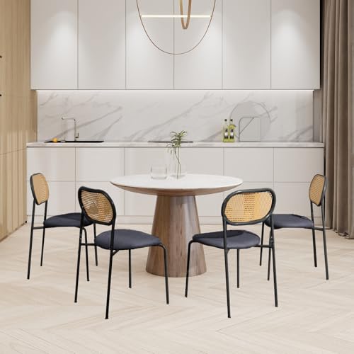 Rattan Esszimmerstühle 4er Set, Moderne Boho gepolsterte Küchenstühle mit Rattan-Rückenlehne und verstellbaren Holzbeinen, armloser Seitenstuhl für Küche, Esszimmer, Wohnzimmer (4 Stück hohle von YLSZHY