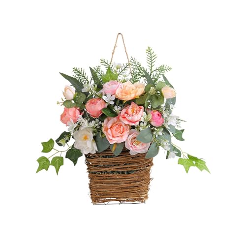 YLSZHY (Frühlingsblumenkorb) Simulierte Künstliche Blumen in Topfpflanzen Zum Aufhängen an der Wand. Gefälschter Blumenkorb, Rosa Rosen und Grüne Pflanzenbehänge für Den Bauernhof zu Hause von YLSZHY