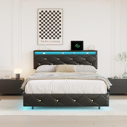YLSZHY 140x200 cm Doppelbettgestell mit LED-Licht und Ladestation, Polsterbett mit verstellbarem Kopfteil in Rautensteppung, Holzlattenträger, kein Boxspring erforderlich (Schwarz-E, 140x200 cm) von YLSZHY