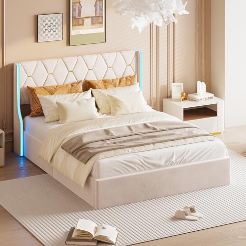 YLSZHY 160x200 cm Gepolstertes Doppelbett Bettgestell mit LED-Lichtern, Modernes Plattformbett mit hydraulischem Stauraum, Kopfteil aus Samt, Holzlattenstütze, kein Boxspring nötig (160x200 cm Beige1) YLSZHY 160x200 cm Gepolstertes Doppelbett Bettgestell mit LED-Lichtern, Modernes Plattformbett mit hydraulischem Stauraum, Kopfteil aus Samt, Holzlattenstütze, kein Boxspring nötig (160x200 cm Beige1) von YLSZHY