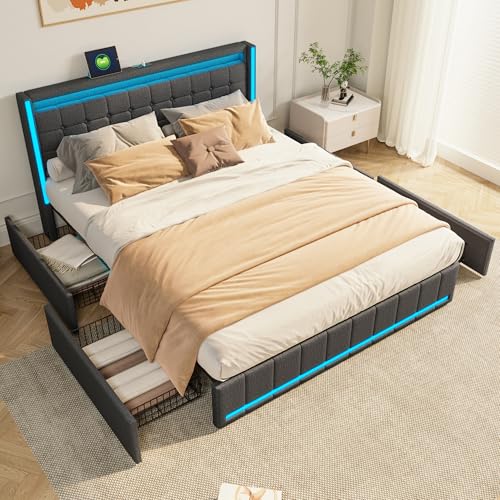 YLSZHY 160x200 cm Gepolstertes Doppelbettrahmen, 4 Schubladen und Ladestation, LED-Plattformbett mit Kopfteil, Holzlattenstütze, kein Boxspring erforderlich (Grau-C, 160x200 cm) von YLSZHY