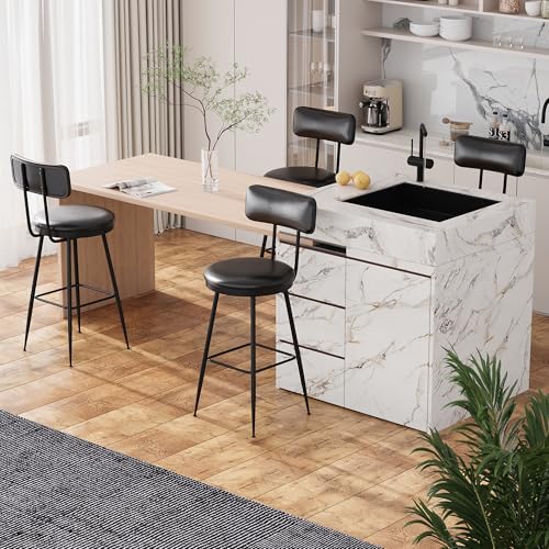 YLSZHY 4er-Set Barhocker, Küchenstühle mit Kunstlederpolsterung, Rückenlehne und Metallgestell, Fußstütze, hohe Beine, Frühstückshocker für Küche, Theke, Bar, Esszimmer (4, Schwarz) von YLSZHY