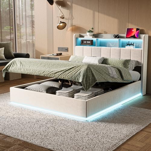 YLSZHY Doppelbett mit Stauraum 160x200 cm mit LED und USB, Doppelbettrahmen, hydraulisches Stauraumbett mit gepolstertem Kopfteil, Ablage, ohne Matratze von YLSZHY