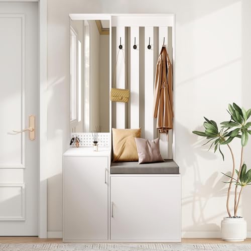 YLSZHY Flurgarderobe mit gepolsterter Sitzbank, Schminktischspiegel, Schuhregal im Eingangsbereich, Garderobe mit 4 Haken für Flur, Wohnzimmer, Eingangsbereich (Weiß-F) von YLSZHY
