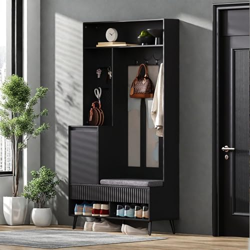 YLSZHY Flurgarderobe mit gepolsterter Sitzbank, Schuhregal für den Eingangsbereich, Garderobe mit Haken, Aufbewahrungsbox, offene Fächer für Flur, Wohnzimmer und Eingangsbereich (Schwarz-D) von YLSZHY