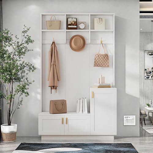 YLSZHY Flurgarderobe mit gepolsterter Sitzbank, Schuhregal für den Eingangsbereich, Garderobe mit Haken und offenen Ablagefächern für Flur, Wohnzimmer und Eingangsbereich (Weiß-E) von YLSZHY