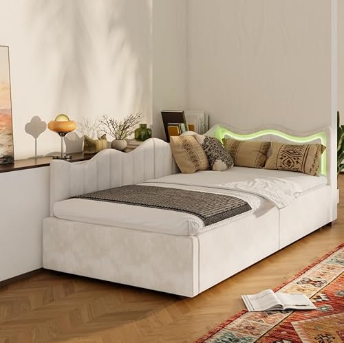 YLSZHY Gepolstertes Tagesbett, Einzelbettgestell 90 x 200 cm mit hydraulischem Hubbett, Schlafsofa mit LED-Beleuchtung, Kinderbett mit Holzlattenrost, Ohne Matratze (Beige-A, 90x200 cm) von YLSZHY