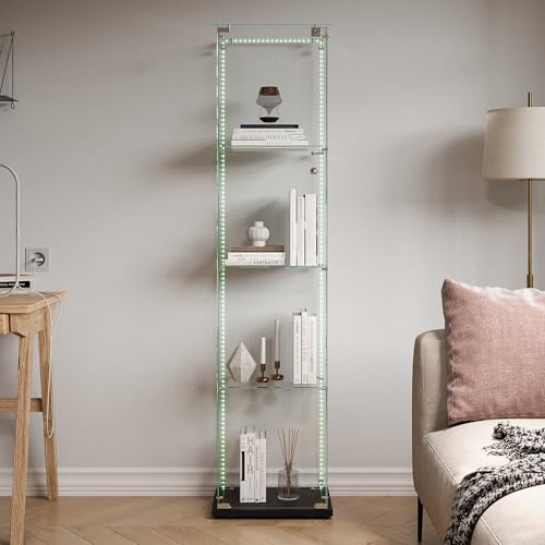 YLSZHY Glasvitrine mit Tür und LED-Lichtstreifen, Kuriositäts-Vitrine mit 4-stufigem Schloss, freistehendes Regal für Wohnzimmer und Schlafzimmer (4 Schichten, 1 Türen, LED-Beleuchtung, Schwarz) von YLSZHY