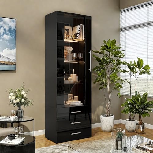YLSZHY Hochglanz LED-Vitrine, hoher Sideboardschrank mit Glasablage und Schubladen, modernes freistehendes Bücherregal, Curio-Vitrine, Aufbewahrungsschrank für Wohnzimmer (Schwarz, 60 x 35 x 180 cm) YLSZHY Hochglanz LED-Vitrine, hoher Sideboardschrank mit Glasablage und Schubladen, modernes freistehendes Bücherregal, Curio-Vitrine, Aufbewahrungsschrank für Wohnzimmer (Schwarz, 60 x 35 x 180 cm) von YLSZHY