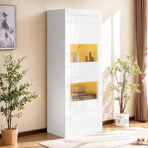 YLSZHY Hochglanz-LED-Vitrine, hoher Sideboardschrank mit verstellbarer Glasablage, modernes freistehendes Bücherregal, Curio-Vitrine, Aufbewahrungsschrank für Wohnzimmer (Weiß, 61 x 42 x 162 cm) von YLSZHY