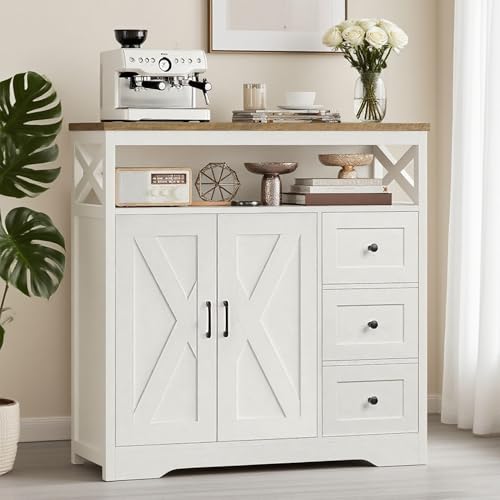 YLSZHY Küchen-Sideboard mit 3 Schubladen und 2 Flügeltüren, Aufbewahrungsschrank aus Holz, rustikaler Kaffeebar-Buffetschrank, Sideboard für Küche, Esszimmer von YLSZHY