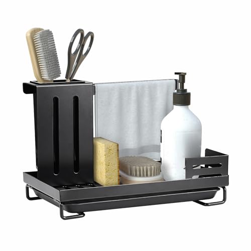 YLSZHY Küchenspüle Caddy Organizer, Edelstahl Schwammhalter mit hohem Bürstenhalter, Handtuchhalter, abnehmbare Ablaufschale, Arbeitsplatte oder Wandmontage von YLSZHY