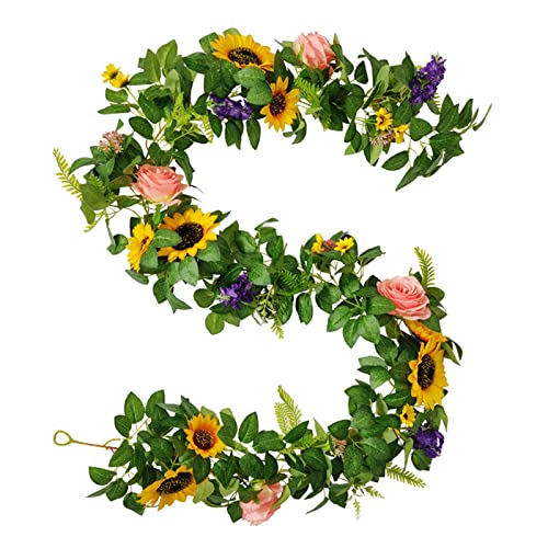 YLSZHY Künstliche Sonnenblumengirlande, Seide, Sonnenblumenranke, künstliche Rosen, Girlande mit grünen Blättern, für Hochzeit, Party, Zuhause, Küche, Garten, Tischdekoration von YLSZHY