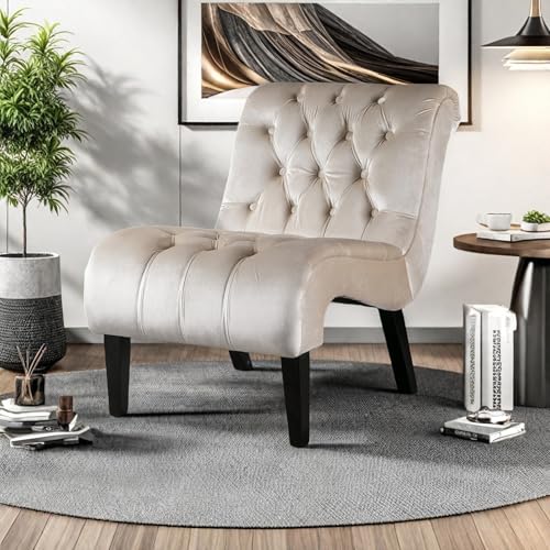 YLSZHY Moderner Akzentstuhl, gepolsterter Samt, ohne Armlehnen, gelegentlicher Sessel mit Gummiholzbeinen, getuftet, Freizeit, Einzelsofa für Wohnzimmer, Schlafzimmer, Büro (Beige) von YLSZHY