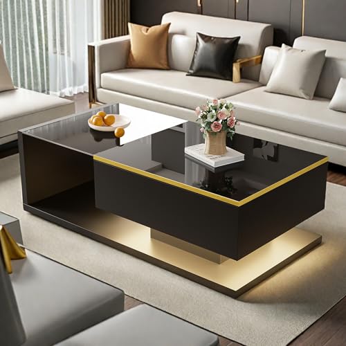 YLSZHY Moderner LED-Couchtisch mit Glastischplatte, rechteckiger Mitteltisch aus Holz mit verstecktem und offenem Stauraum, Beistelltische für Wohnzimmer, Schlafzimmer, Empfangsraum (Schwarz, 90 cm) von YLSZHY