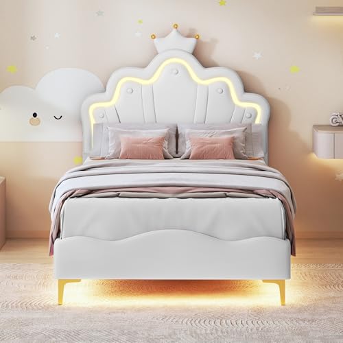 YLSZHY Polsterbett Kinderbett 90x200 cm, Einzelbettgestell mit LED-Kopfteil und Holzlattenrost, Jugendbett mit Rückenlehne, Ohne Matratze, Kein Boxspring erforderlich (Weiß-E) von YLSZHY