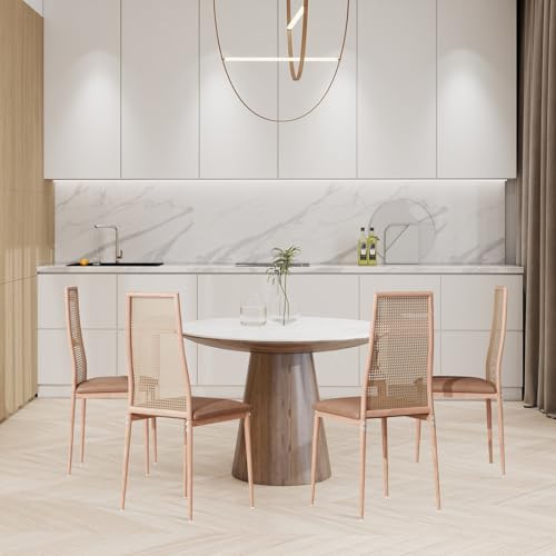 YLSZHY Rattan Esszimmerstühle 4er Set, Moderne Boho gepolsterte Küchenstühle mit Rattan-Rückenlehne und verstellbaren Holzbeinen, armloser Seitenstuhl für Küche, Esszimmer, Wohnzimmer (4 Stück hohe von YLSZHY
